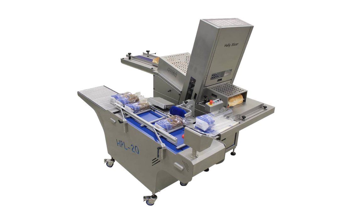 Slicer, bag blower and closing conveyor